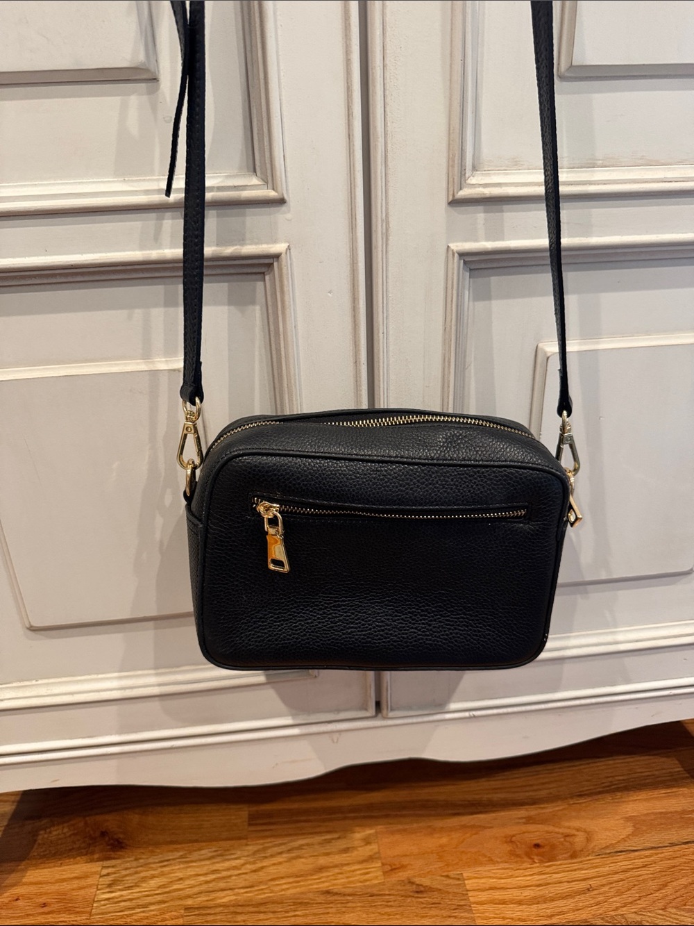 Pom Pom London Navy Pebbled Crossbody Bag with Gold Accents